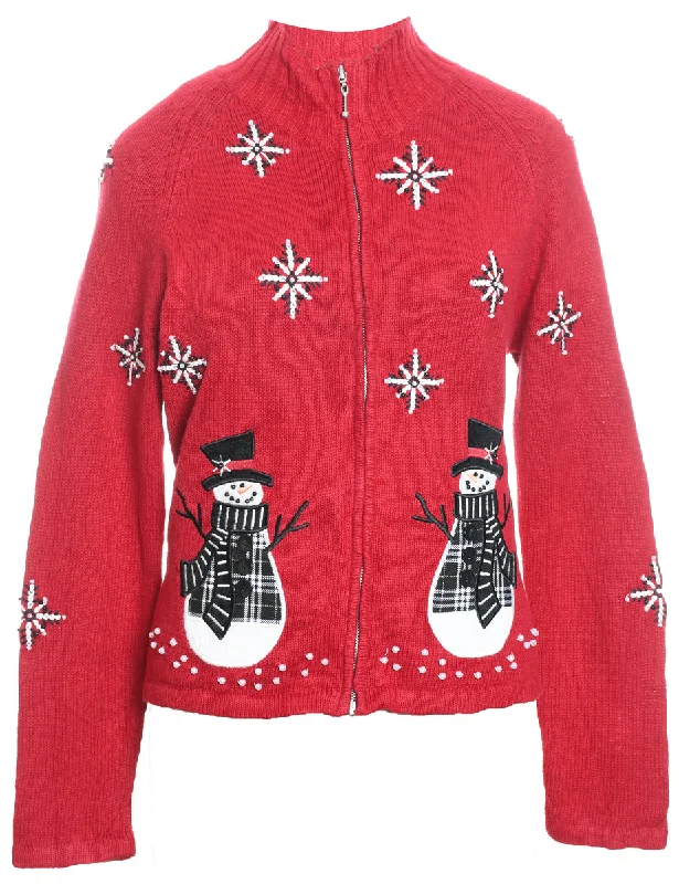 Snowman Design Zip-Front Knit Christmas Cardigan - S Boat Neck Shawl Collar Notched Collar