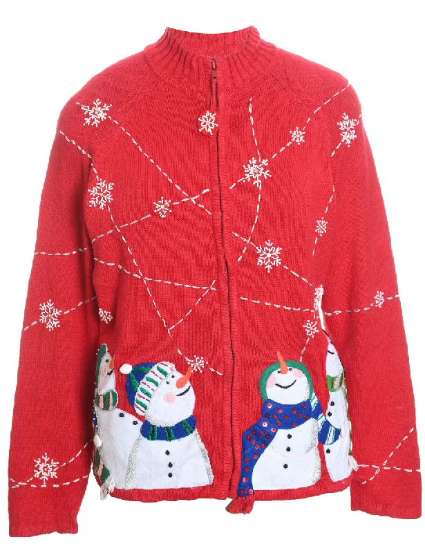 Snowman Red Zip-Front Knit Christmas Cardigan - L Striped Floral Plaid