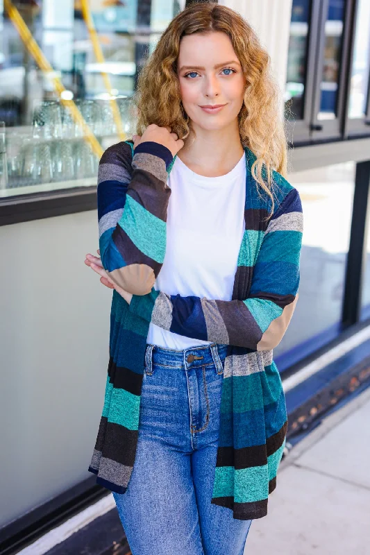 Teal/Blue Stripe Patch Elbow Cardigan Asymmetrical,ymmetric Pencil Cardigan