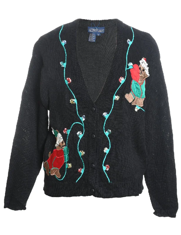 Teddy Bear Embroidered Christmas Cardigan - S Ribbed Striped Patterned