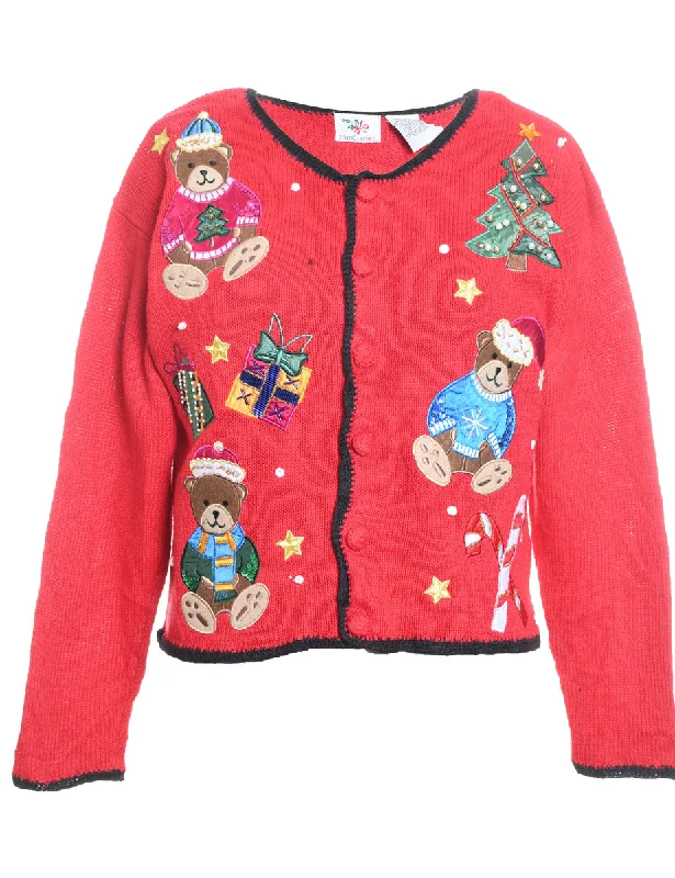 Teddy Bear Print Christmas Cardigan - S Velvet Chenille Corduroy