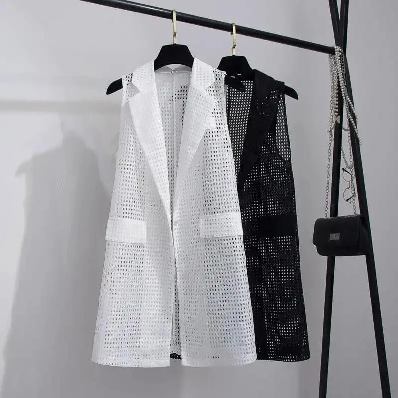 Women's Large Size Hollow out Vest Summer Sleeveless Cardigan Loose coat Mid-length Thin Coat Sun Protection Hooded Cardigan Collared Cardigan Shawl Collar