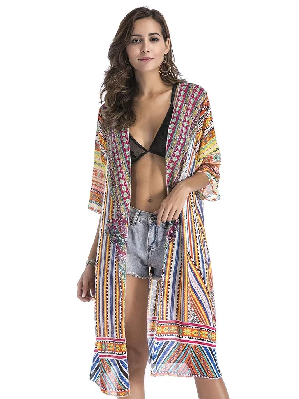 Women's National Printed Long Kimono Cardigan Beach Tops Cover Ups Spandex Rayon Corduroy