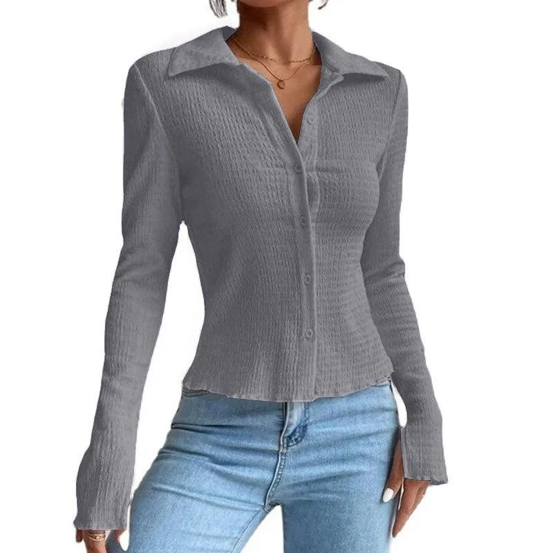 Women's Solid Color Stitching Split Sleeve Cardigan Button Top Lapel T-shirt Sequined Glittery Shiny